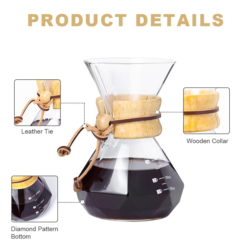 Glass Coffee Pot Drip Brewing  Chemex Cafetera 400Ml/600Ml Hand Brewed Coffee Filter Cup Pour Over Coffee Maker For Home Office